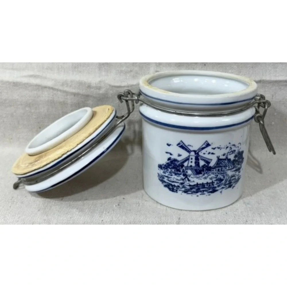 Teleflora Blue White Windmill Ceramic Canister Wire Bale Jar 5.5in Dutch Style